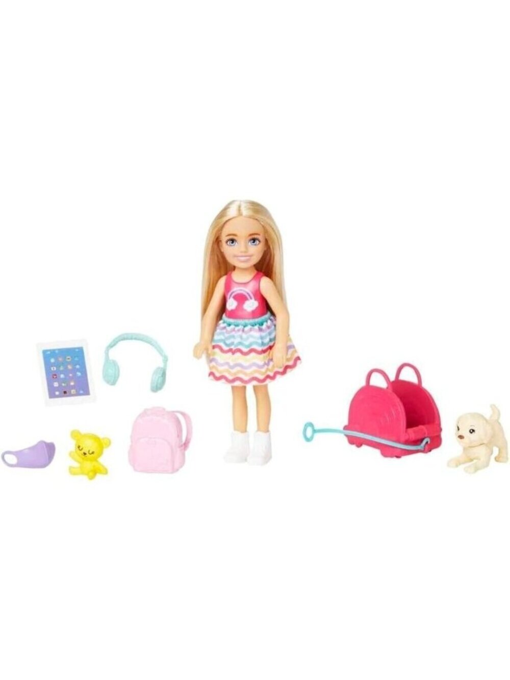🆕Barbie Chelsea Small Doll Accessories, Travel Set with Puppy Pet & Backpack